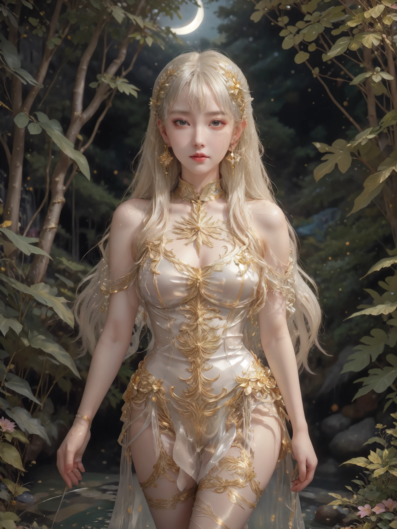  1girl  ,shiny ,see-through dress,sweat,wet,shibari,masterpiece, Best quality, 8k, high resolution, fine detail,(Japanese girl aged 20 tall 168 proportion 32 20 33 blonde hair small eyes earrings, hair clip,Metal Collar,thigh bands,Metal Ballet shoes  ),(Full distance image of beautiful girl wearing translucent latex dress ,Wearing silver metallic armor with gold patterns, playing on the water at night, the stars, the moon.),She is smiling magnificently, , a scene of a waterfall flowing down from a high cliff among lush green vegetation,  adorned with colorful flowers , Sakura, Beautiful Scenery,  A beautiful waterfall scene flowing down from a high cliff among lush vegetation. ,  adorned with colorful flowers ,