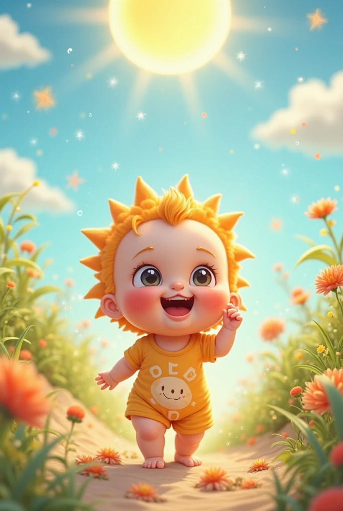 Brunette baby cartoon in sunflower costume celebrating birthday