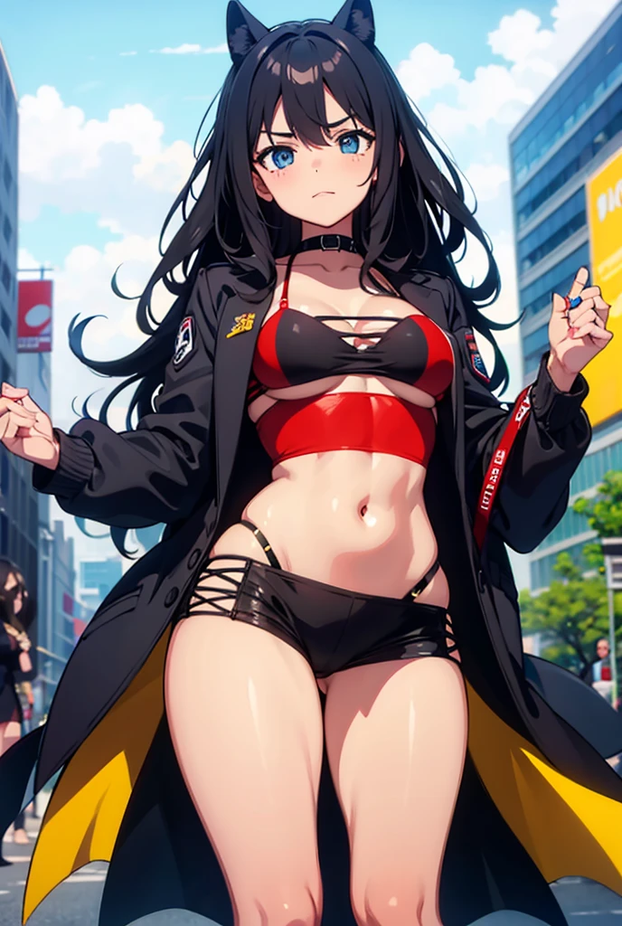 **Body:** a brown girl with long black hair and blue eyes,dark skin, big  breast,big ass,sexy legs, cute but mature looking face and has a small mole just below right eye  **clothing:** wear a black form-fitting crop top that showcases your curves, paired with black skinny jeans shorts that accentuate your physique.with a red overcoat shirt .The outfit is primarily in shades of red and black, giving you a bold appearance. To accessorize, you wear a silver pendant with a sparkling gemstone that matches your eyes, along with a pair of trendy heels to protect your feet during your journeys.as you had opened hair