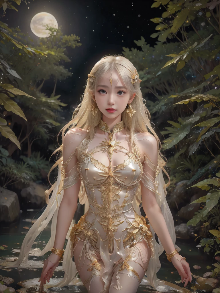 (best quality, 64k, Masterpiece, "Create a delicate sculpture and a beautiful surreal artwork of a sexy female character with a mysterious and supernatural appearance. This character has pale marble skin, blue veins and gold specks all over her body. She is kneeling in contemplation, with large, twisted, rainbow-colored horns sprouting from her head. Her hair is a wavy white, partially covering her elf-like ears. She appears to have long limbs and golden claw-like nails, giving her a sense of both wonder and beauty. Golden spherical elements float around her, adding to the atmosphere of mystery and elegance. Flowers, usually mostly green debris, the intensity of the super realistic 3D HD movie Ultra Movie 65k is realistic., Overall, this image should convey a sense of fascination and beauty mixed with a sense of fantasy happiness."