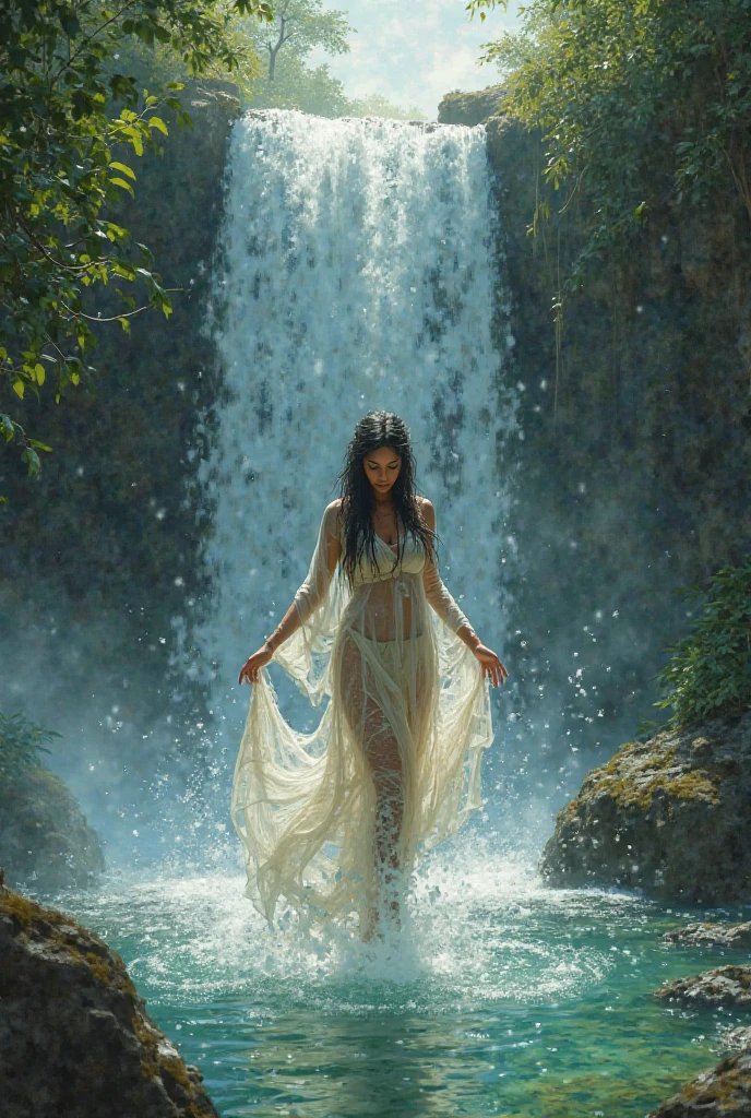 A woman at the waterfall, blackquality hair. Blue socks. Body cute. most beautiful. Blue eyes, beautiful, beautiful, beautiful