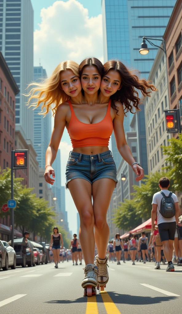 ((2 girls)), elizabeth olsen, tan skin, in a garden on top of a sky high building in New York, masterpiece, best quality, ultra-high-detailed, smiling like a slut, medium hair, uncensored, closed mouth, blush, (round breast, muscular abs), long floawing red hair, 2girls, 1boy, penis, ffm threesome, breasts squeezed together, cooperative paizuri,cum on face:1.2)