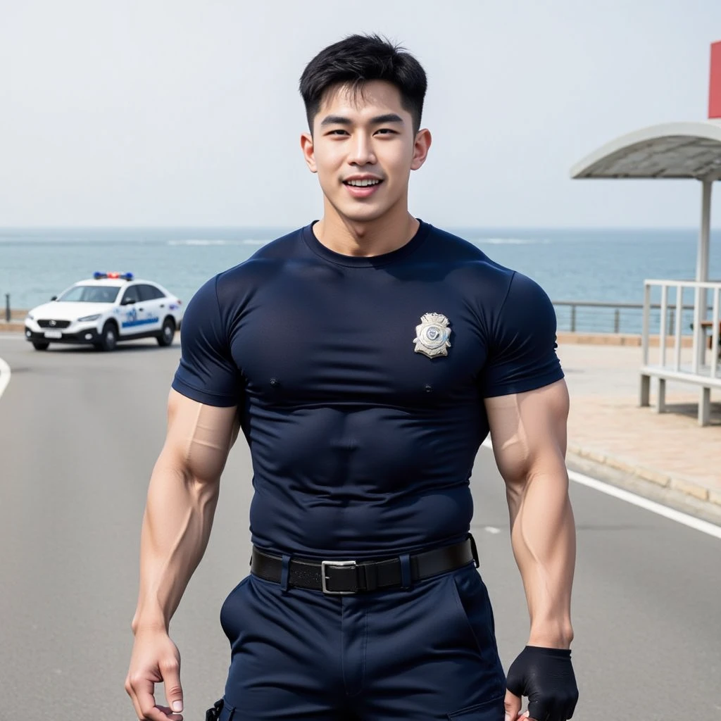 20-year-old boy ,Korean male officer ,...,handsome ,Wear a dark navy short-sleeved shirt............., wearing nothing, Wearing only Dark navy thong , no pants, Black boots and dark navy gloves, standing backward, sit on the ground ,nude, perfect , male , 1boy, solo, male focus, standing back, backward to viewers, showing huge male butt, round muscular ass, His legs spread apart.............................., Police Logo ,tight ,Muscle Man , ((The arm muscles are very large.................)) ,large  , Wide shoulders ,..................................... ,Sexually suggestive, (Dynamic Poses:1.1) , thights , (Embossed Focus:1.2),......................., ,It's raining ,Mud Pond , Best qualtiy , Wide lens ,deep depth of field ,Bokeh background