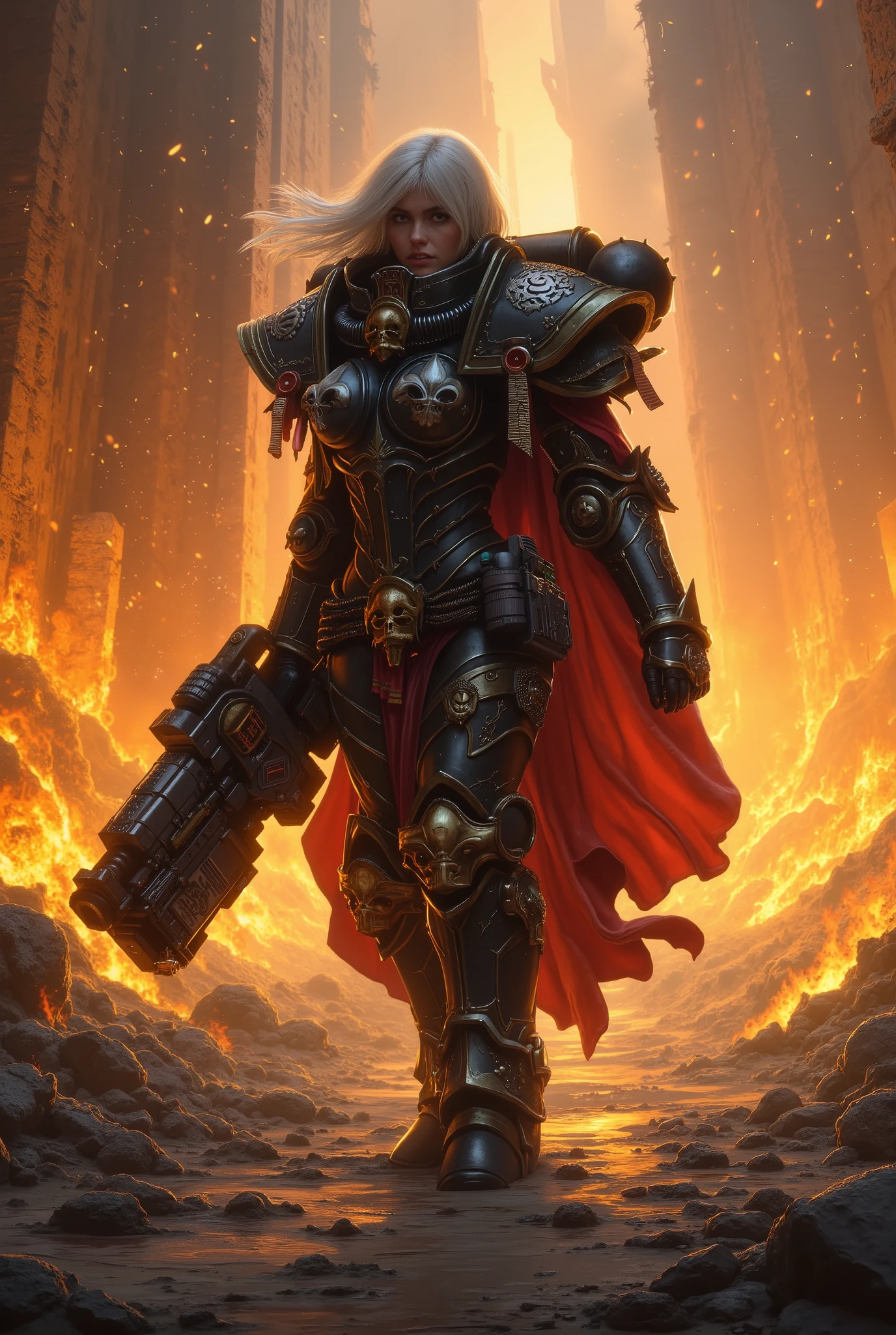 Une femme en armure, Wear a bolter, dans un décors en ruine, Burning with sparkly sparkles