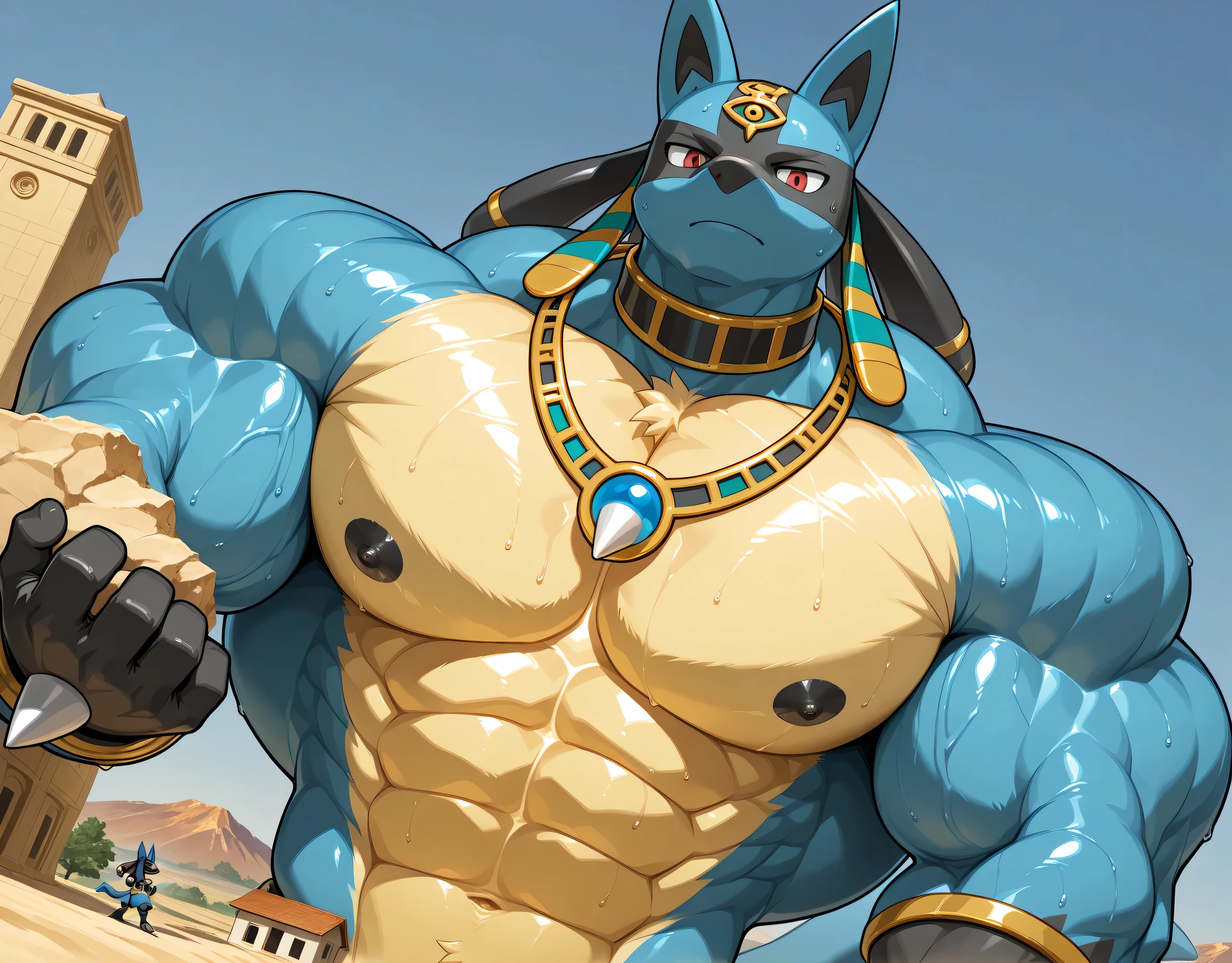 detailed background, low view, mountains, dutch angle, close up, score_9_up,score_8_up,score_7_up,score_6_up,score_5_up,score_4_up, BREAK kemono, bara, furry, 1boy, anthro, LucarioRS, pokemon (creature), lucario, Blue Fur, Chest Spike, Red Eyes, yellow chest fur with thicker patches on the collar, Spike on Hands, Two tone fur, Egyptian necklace, jewelry, huge muscular, broad shoulders, male, macro, black collar on neck, tail, male, posing, bedroom eyes, sweaty, huge black nipples, furious at viewer, upper body shot, flexing, growing out of a building