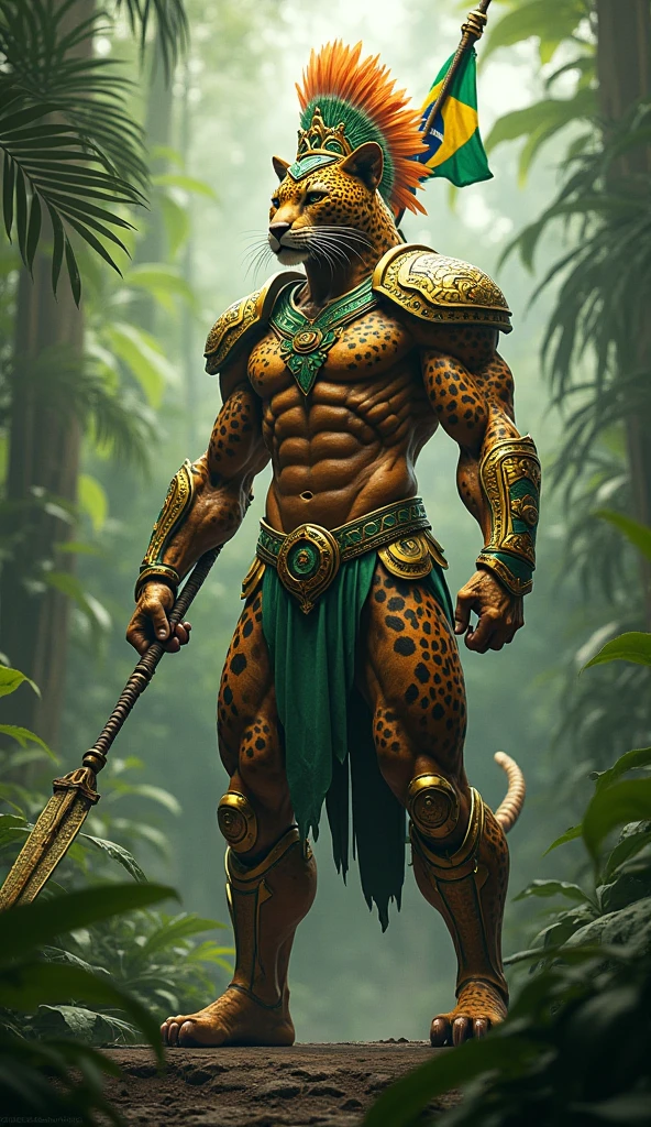 RAW image, Epic scene, ((portrait)), award-winning photo portrait of a werecreature leopard, wearing a black and silver armor, with gigant flower wand in the hands, rainforest background, hyperdetailed, (artstation:1.5), cinematic, warm lights,