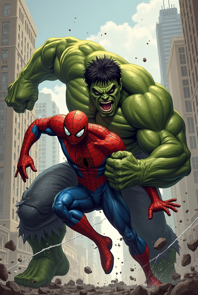 Spiderwoman, clad in a floral, tattered gown, unleashed a furious barrage of punches upon the Hulk, sending tremors through the earth with each impact.