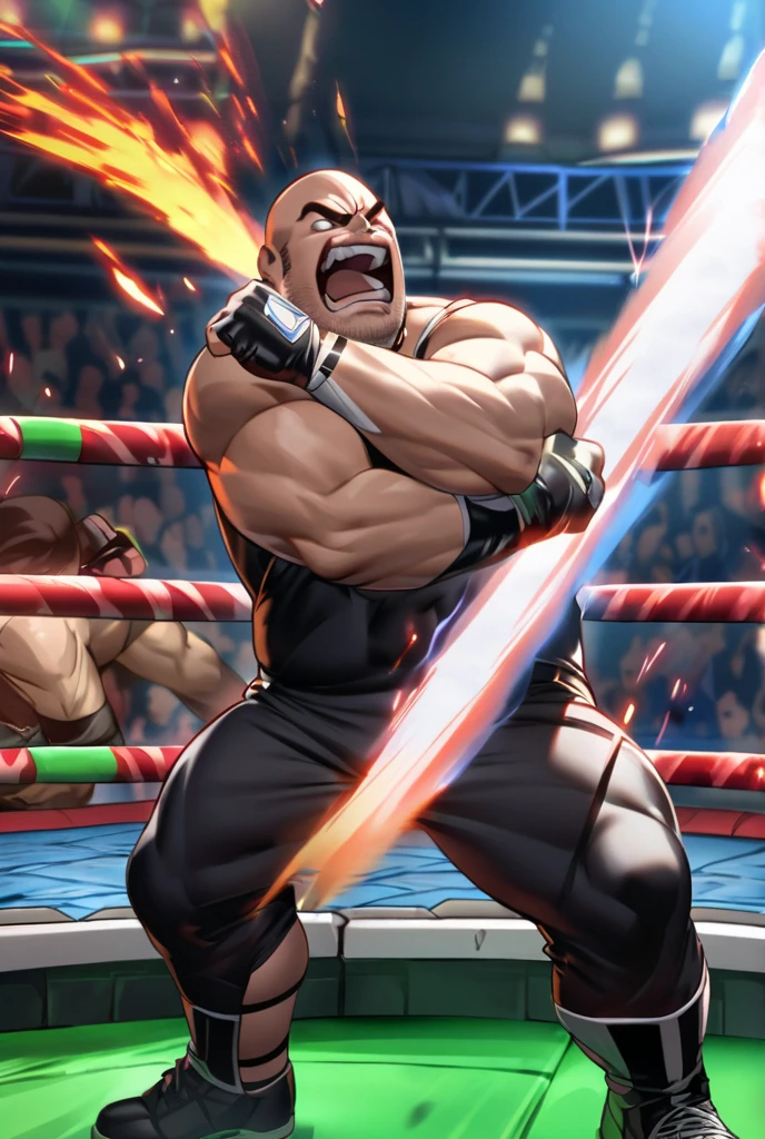 Semirealistic:1.3, Solo, 1boy, solo, muscular old man (furry grizzly bear) (bleeding, blood on body), ((fighting arena)), huge muscular, short hair, wearing kickboxing shorts, kickboxing MMA gloves, and mma kickboxing martial arts footwear with toeless footwear,(cinematic light vfx background), dark background