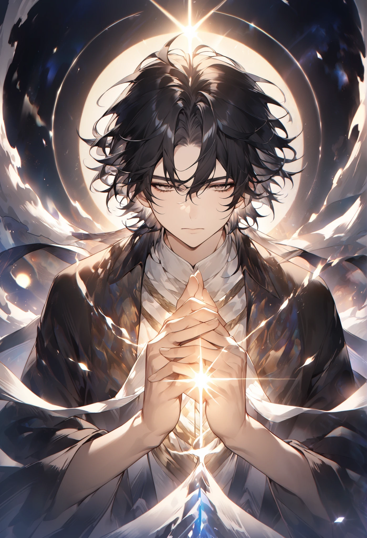 putting his hands together and offering prayers from the front、from the front、black hair、Aura of Light、universe