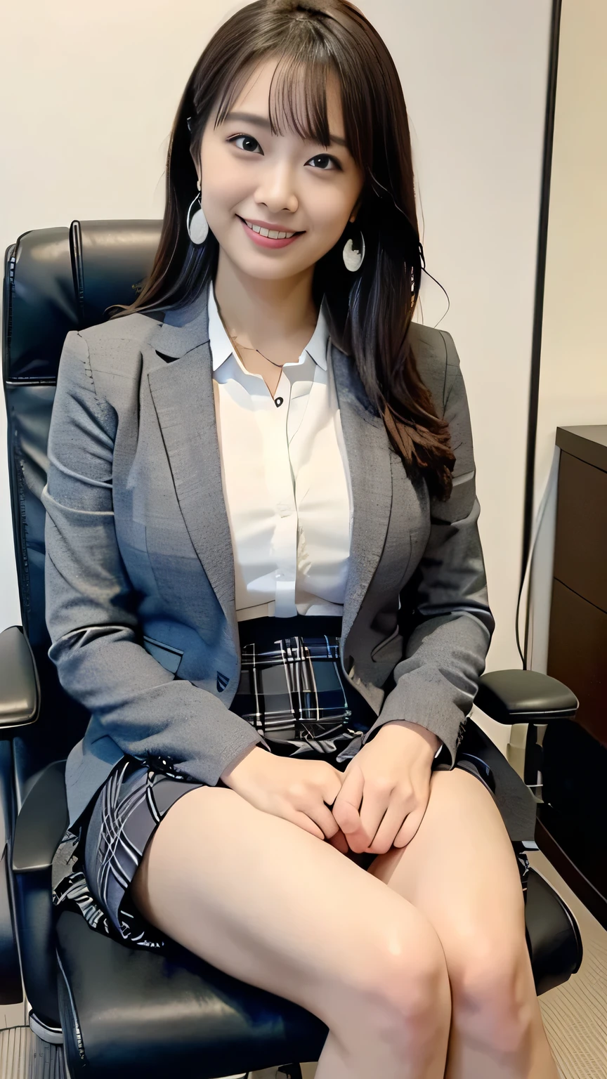 realistic, (obvious, High-quality images), Model, (job interview, Interviewer's Perspective), thighs visible, Frontal image of a woman wearing a miniskirt sitting on a chair and looking straight at the interviewer, Tempting by showing a glimpse of panties, Very big, (No Braza), Unbuttoned shirt, smile, beautiful eye smile, Crisp breastbone, thighs, Boldly spread your legs, front down angle, bookshelf, window, suit jacket, small earrings, (Stylish glasses),