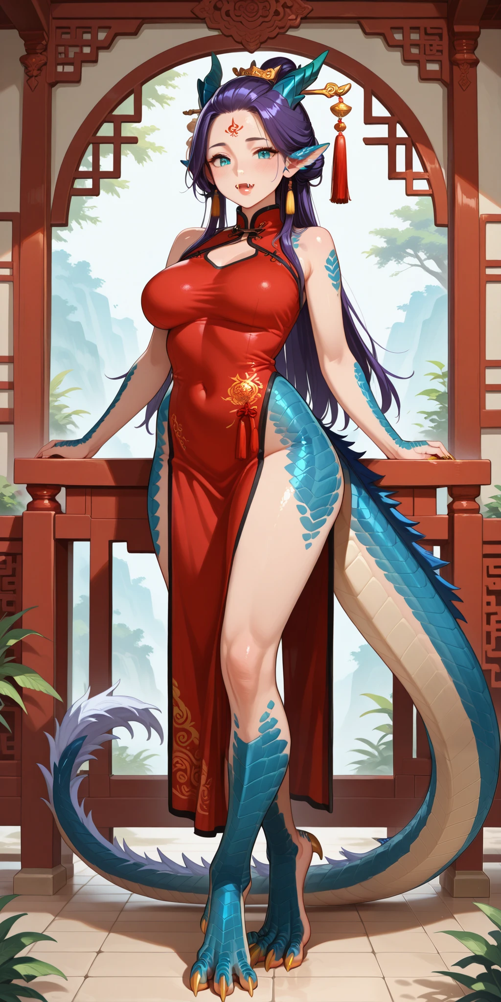Girl is hybrid of the dragon. She has indigo blue/black straight shot hairstyle, her bangs are pinned up and pulled back. She has green/turquoise eyes with narrow pupil. she has 4 curved branched horns are located on the forehead. She has long pointy blue fluffy dragon ears. She has long mighty scaly dragon tail with black mane along the spine and black fluffy tassel on tip of her tail. On her skin fully covered with indigo blue/azure scales with Nazar pattern. She has her hands fingers and feet toes she has long golden claws. She has red stripes tattoos on her face , and all over her body. Her lips navi blue, she has a gold sharp fangs. She's wearing a red qipao. She's barefoot. She walks in the garden of the oriental temple high in the mountains.