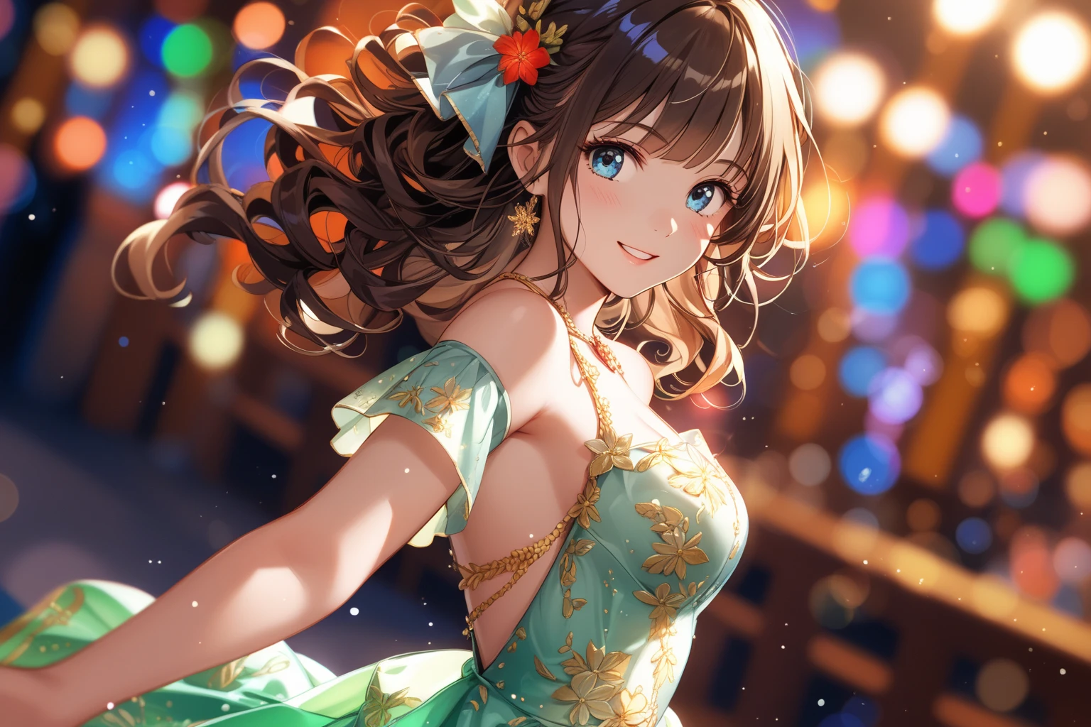 High resolution, masterpiece, accurate, Winner of numerous awards, One 1, smile, Shortcuts, Brown Hair, bangs, Earrings, smile, blue eyes, Cowboy Shot, Sparkle Effect, Lens flare, Background blur, anime, I am feeling happy about winning the lottery.