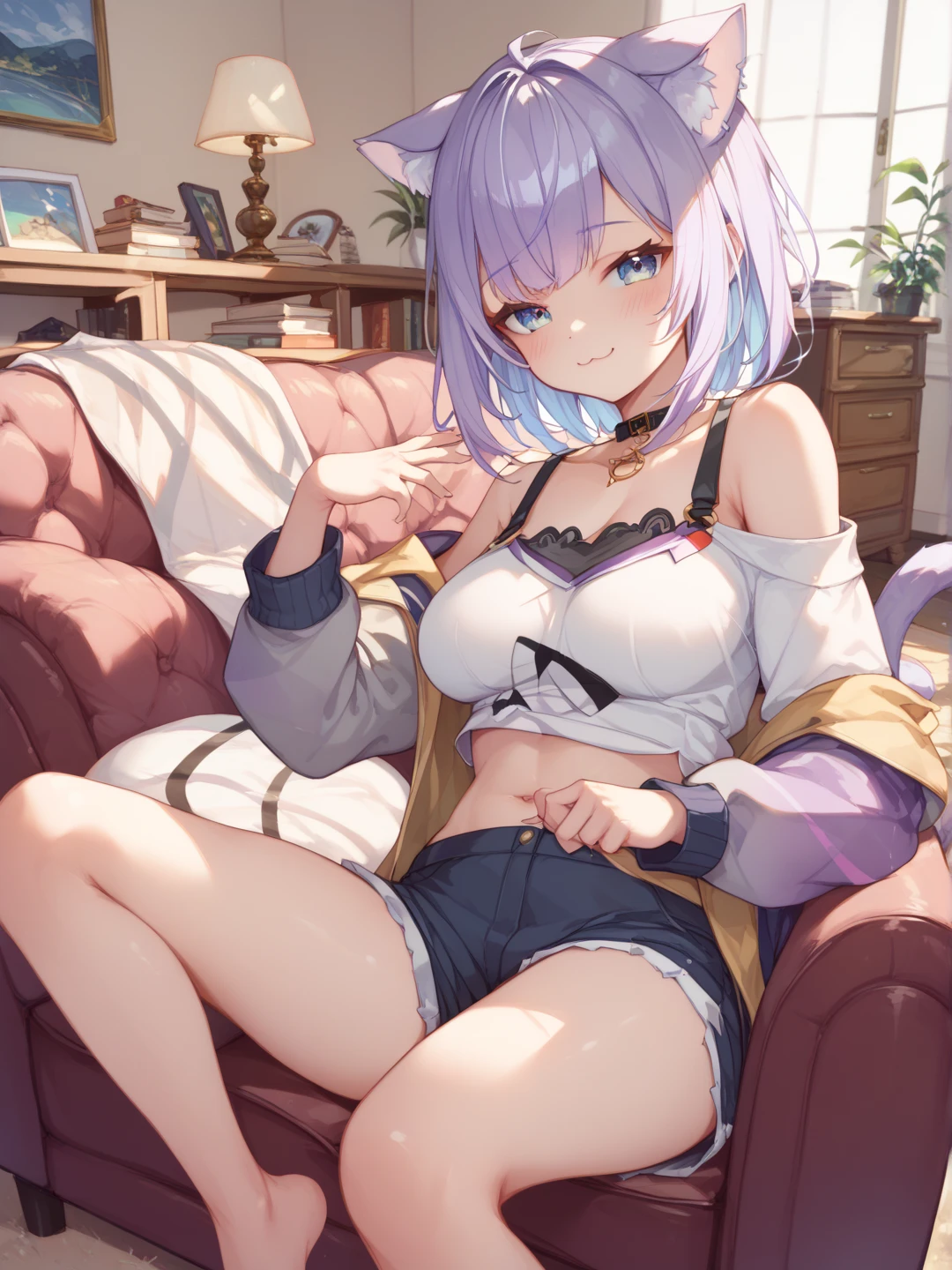 ((Nekomata okayu)), ((Masterpiece)), ((best quality)), (Anime:1.3), (super detail:1.2),(High Definition:1.3), (Professional Photography:1.2), (sharp focus), (perfect light),from below, (wide shot), Textured skin, 1girl, (Cute teenage beautiful Girl), (oversized white shirt), ((looking at viewer)), (Beautiful daiamond eyes:1.3), (put on cat ears), Pale purple hair, medium hair, blush, (naughty smile), (Open mouth wide), Slender body, medium breasts, Glossy lips, slighty exposed Beautiful medum breasts, (spoken heart), (Extend arms in front), (In the diner couch), (super detail), (sharp focus), NEKOMATA_OKAYU(HOLOLIVE), cat_ears, beautiful_purple_eyes, (multicolored_eyes), 1_beautiful_girl, cute_face, perfect_quality, perfect_anatomy, masterpiece, okayu, ahoge,