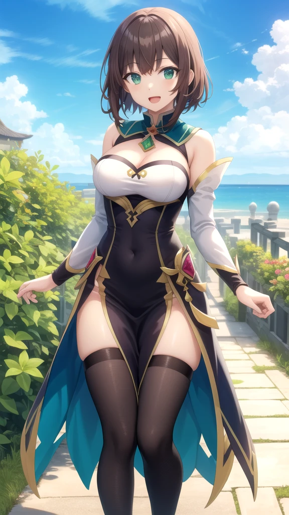 mona,period costume，Hanfu，Witch hat，Ocean park，Comic cover style，a fitness girl，Distinct curves，having fun，Tall guy，White shawl，China-style