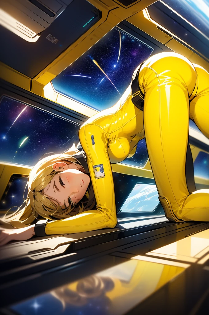 highest quality, masterpiece, One girl , Yuki Mori Blonde hair Yellow bodysuit Skin-tight belt, Spacesuit, Spaceship,  Bokeh,