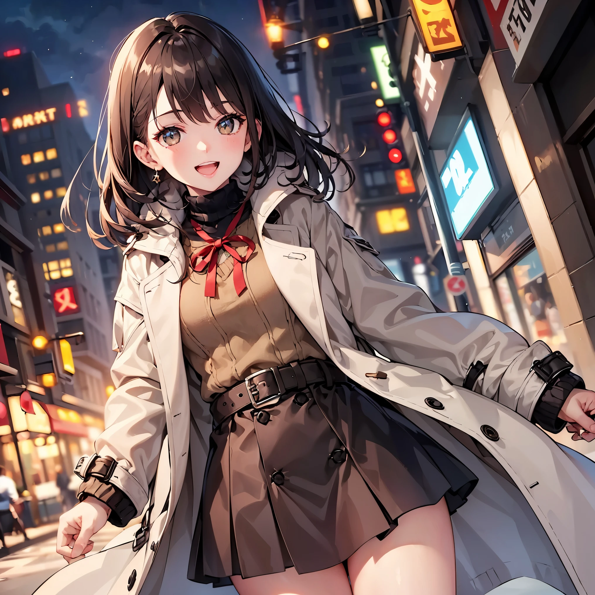 A girl, alone, naughty smile,open mouth and show teeth(Trench coat),perfect anatomy, outerwear, spring coat, long sleeves, long coat, long length, off-white color Wearing a knitted sweater as an inner layer, brown hair, hair behind ear, ribbon, sparkle, ((masterpiece)), UHD, (textured skin), accurate, ((super detail)), high quality, ((best quality))
