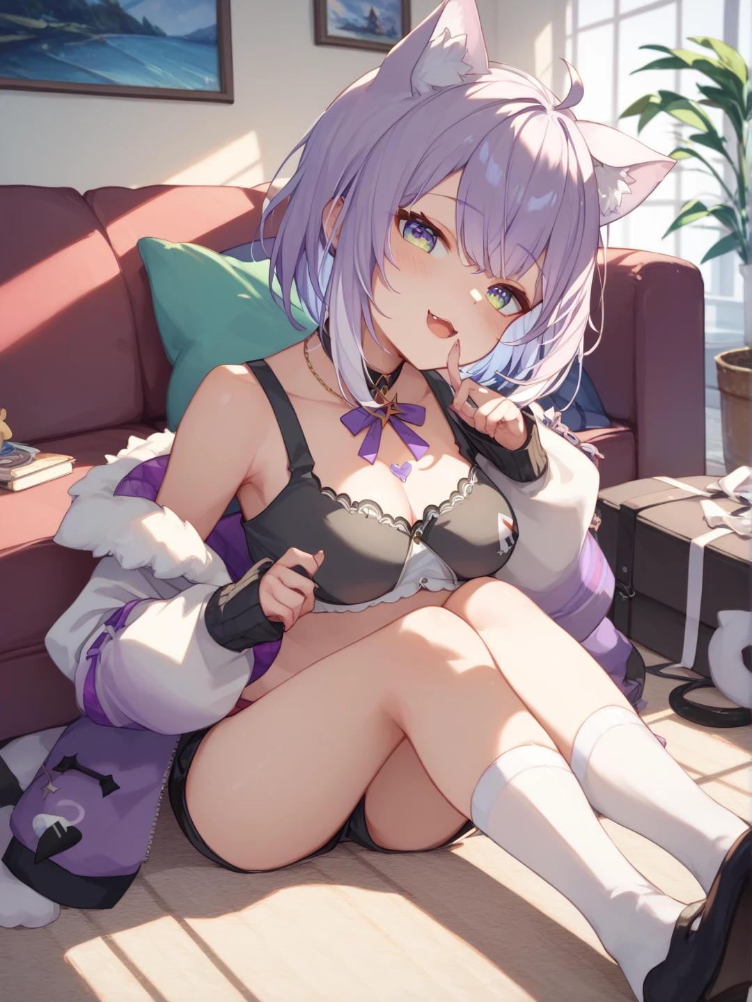 masterpiece, highest quality, High resolution, 1 girl, alone, kochou shinobu, Butterfly Hair Ornament, Purple eyes, Colorful Hair, short hair, Parted bangs,,Black jacket, Long sleeve, internal 1 girl, A light smile, Shiny skin, highest quality, Tabletop, (Game CG:1.4), Browsing Caution, Beautiful face and eyes in every detail,Big Breasts、Tiny Lingerie,Spread your legs , Touch yourself, Place your hands on your thighs, sexy, Beautiful body, OL、beautiful girl、OutAre standing style、Nice body、glamorous、Big Breasts、navy blue business suit、skirt、Garter belt and black 30 denier stockings、High heels、office、Are standing、The whole body is visible