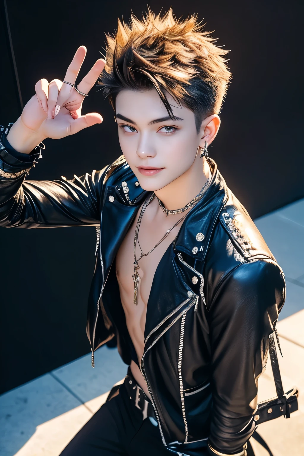 The color of young men's hair is red and yellow((短いspiked hair))A large, slender hanging eye((Big red eyes with strong angled hangings)) smooth skin、Man is a 27 year old top model、luxury necklaces, earrings and bangles、Smile like a male idol、 look at viewer((Show the viewer the precise five fingers and palm))Standing at an angle above the knee(Steampunk costume)salute pose with your right hand、Put your left hand forward and show your palm、from above