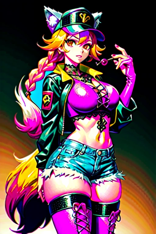 Half neon lime green hair, half black hair, hair is styled in buns and ponytails, chest length hair, ombre hair, split colored hair, two tone hair, lime green and black hair, goth punk outfit, black lipstick, galaxy, night sky, night time, pink eyes, chubby body, chubby girl, elf ears, fangs, pointy ears, black thigh high socks ripped, black outfit, choker, black colored lips, lipstick black, chubby waist, chubby thighs, thick thighs, chubby belly, big belly, thick body, alleyway, thong above mini skirt, graphic icon on shirt, black nails, tattoos, facial piercings, nose piercing, ear piercings, septum, nose piercings, chain jewelry, long hair, dark lips, fishnets all over body, knee high buckle platform boots, demonia boots, choker, necklaces, bracelets, spiked jewelry, mini skirt, skimpy outfit, white girl, goth,