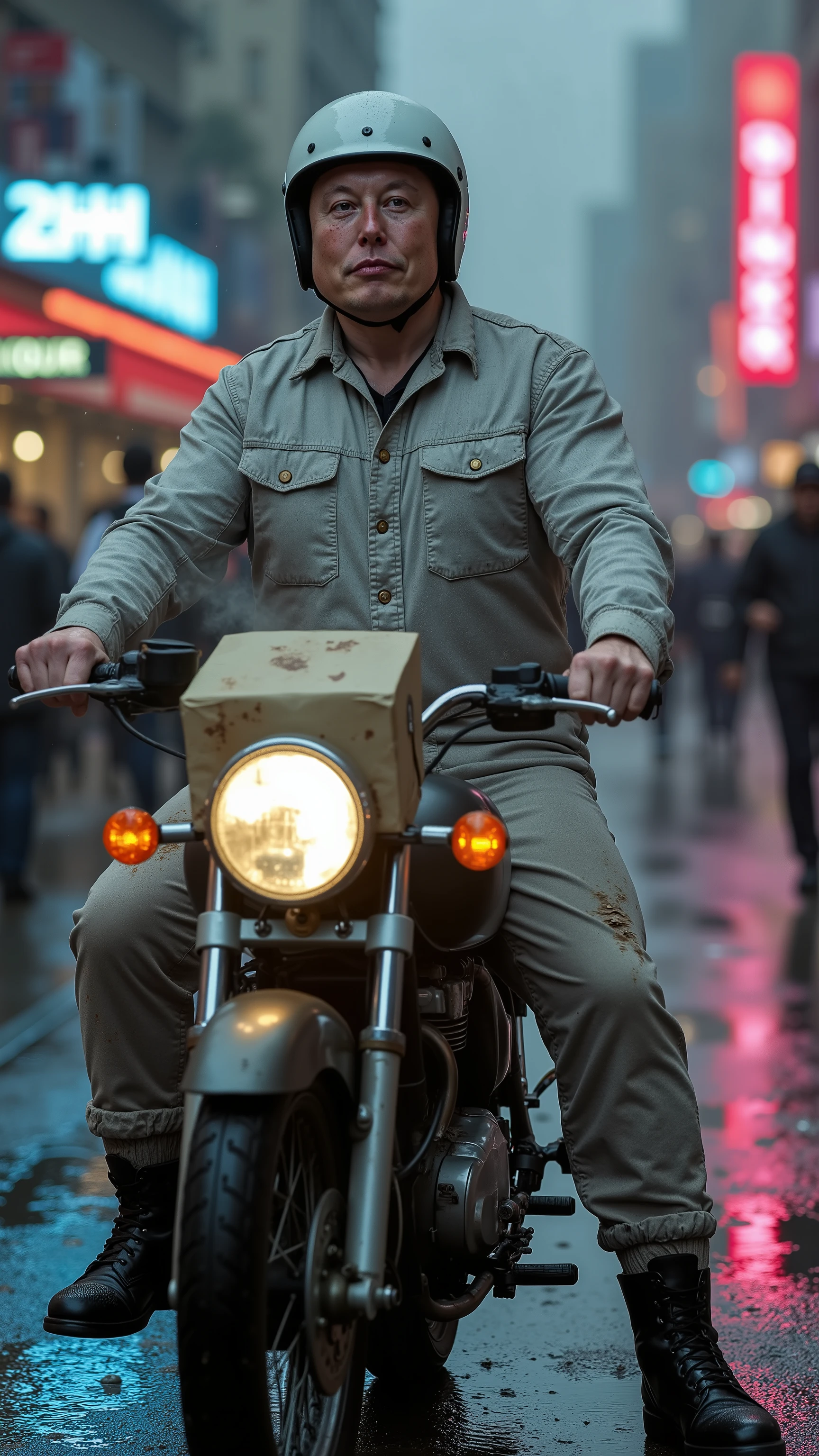 Elon Musk as a food delivery worker wearing [single-layer mottled ash gray cotton jumpsuit with frayed cuffs, torn knee patches, mud-stained hem, five large brass buttons with top two undone], [matching light gray canvas pants rolled at ankles revealing worn black leather boots], [cracked unmarked white plastic helmet with deep scratches], holding [steam-stained paper takeout bag with grease spots toward camera lens], [1985 Honda CBX550F motorcycle tilted at 15-degree angle with smoking exhaust], [aluminum delivery box welded to motorcycle showing rust perforations], [crowded urban street with blurred pedestrians and glowing shop signs reading "24HR DINER"/"LIQUOR"], [rain-slicked pavement reflecting neon lights], [dramatic eye contact with confident smirk], [hyper-detailed photorealism], [85mm lens capturing: grease stains on jumpsuit zipper, water droplets on helmet visor, steam rising from takeout bag], [composition: central framing with negative space for title overlay], [dynamic lighting: diffused natural light + cyan/pink neon accents], [motion blur on passing pedestrians], --ar 9:16 --v 5 --style expressive