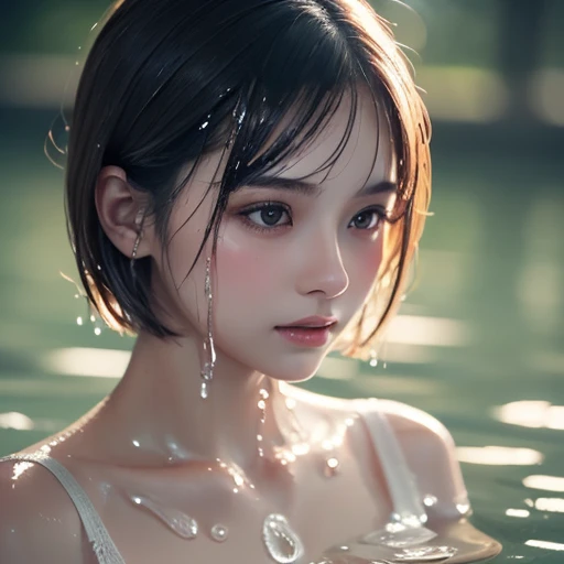 A girl alone in the rain、cheeks turn red、look at the audience、heavy rain、big breasts、top gun jacket.open jacket、i don&#39;t&#39;I don't have an umbrella、under the rain、girl without an umbrella、wet face,wet skin、wet body、wet costume、wet hair、flower、hairpin、necklace、Looking up from under the earrings、Depth of written boundary、pointed red mouth、(Reddish brown wet shiny short hair :1.7),red mouth,clavicle、beautiful fingers、hourglass body、full body portrait、cute wet face、digital illustration,Single-lens reflex camera, (Photoreal:1.3),(Raw photo.), (table top,highest quality,Ultra high resolution output image,) (8K quality,),(Image mode Ultra HD,)