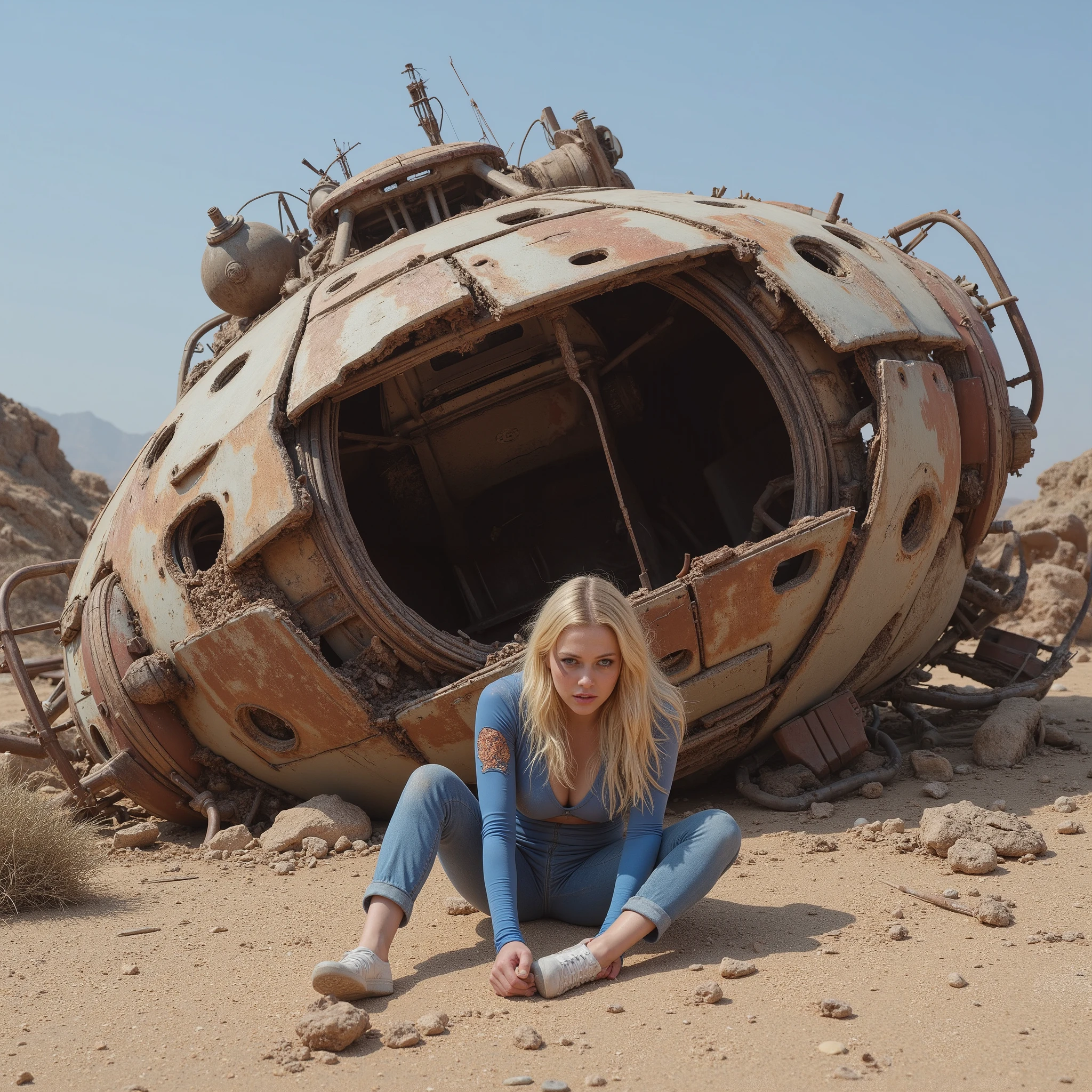 Masterpiece sci-fi dystopia photo, photorealistic view of the famous COMET spacecraft from Captain Future, crashed down, broken, splintered and crumbled as a rusty ruin in an alien desert, sexy blonde Joan Landor sitting in front, head over knees sad and desperate, wearing dirty torn blue space-latexsuit, bruised and scratched skin, untidy hair, crying. (((hyper detailed))), UHD, 16K