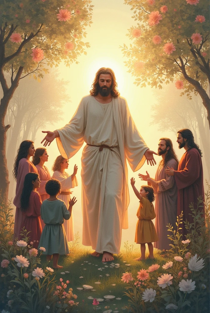 Merciful Jesus, coming out from his open side rays of mercy for the young people who are gathered in a garden praying