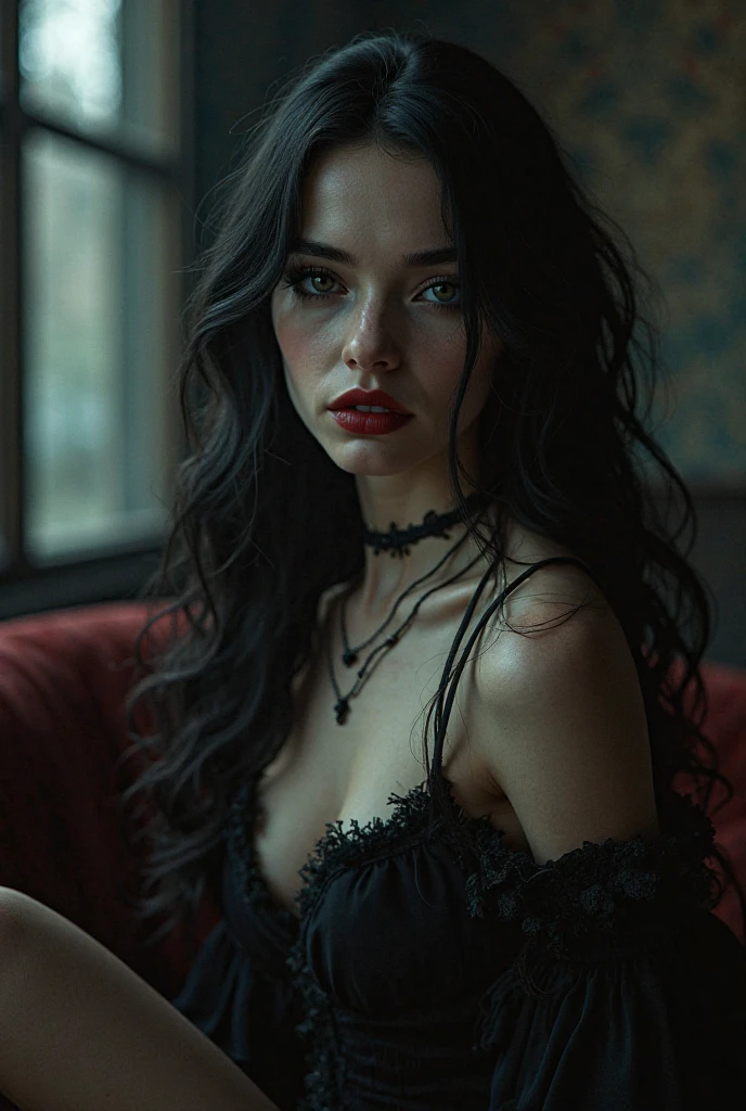 Nude goth girl with black long hair sitting on the couch