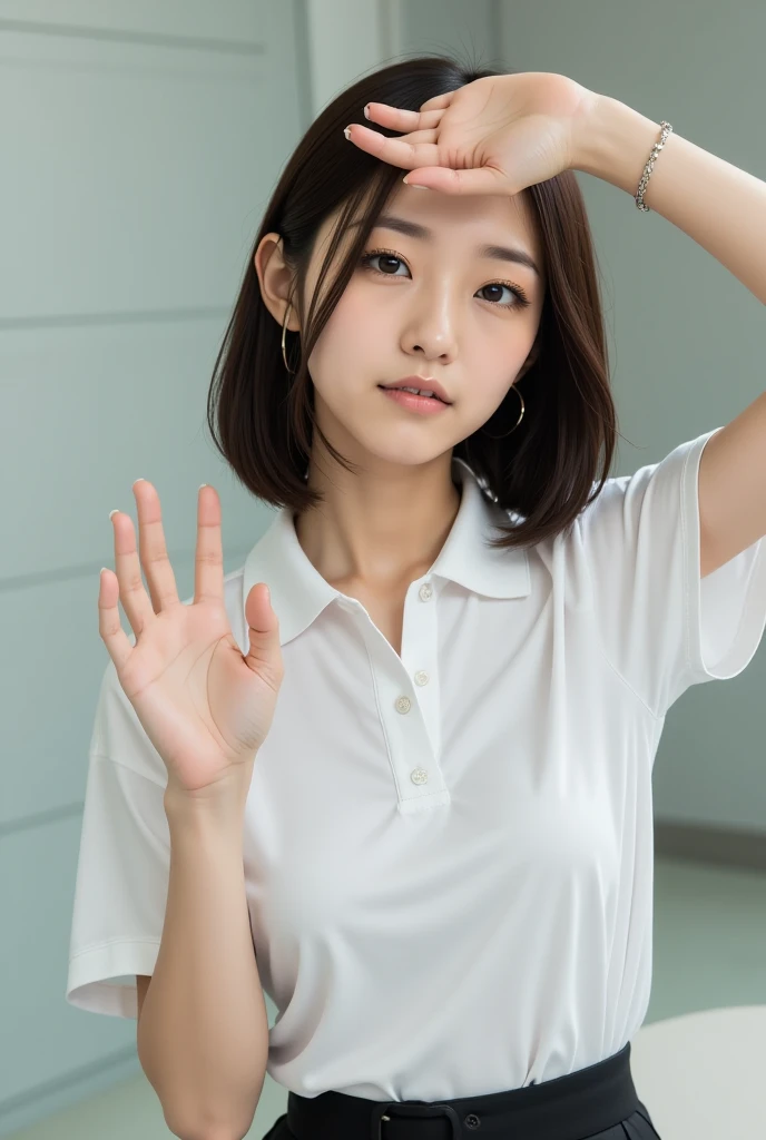 A young, innocent Asian girl takes a photo of her face.