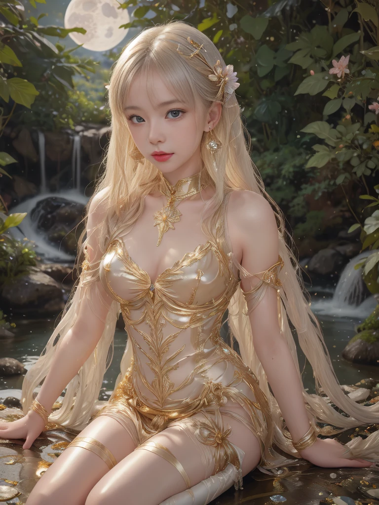 a beautiful attractive slender elf woman, with long wavy blonde hair, brown eyes, wearing a crystalline mini dress with a diamond-shaped neckline