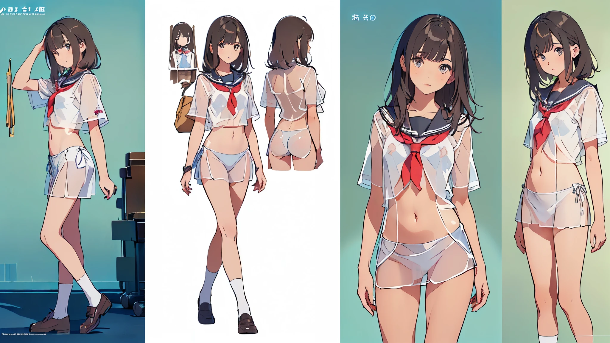 ((((Realistic, Painting, Girl, 4K, Masterpiece:1.5, Masterpiece:1.5, Highest Quality:1.5, High Resolution:1.5, Perfect Head:1.5, Super Detailed Illustration:1.5, Beautiful Eyes:1.5, Nude:1.5, Character Concept Art:1.5, Official Art, Hyper Detail, Full of Details, Highly Detailed and Exquisite Fan Art, Muted Colors, Deep Colors, Watercolor, Popular Character, Best Character, Supreme Character, Popular Character Design, Best Character Design, Supreme Character Design, Trendy Character Design, Popular Character Hair Color, Popular Character Hair Design)))), (((((ager, Young Woman, Woman, Adult Woman, Lady, Secondary Sexual Characteristics Girl, Adolescence, Adolescent Virgin, Adolescent Female Genitalia, Adolescent Girl, Adolescent Girl, Adolescent Gal, adolescent gal girl, tanned girl, girl, girl, girl, girl, girl, whole body, full body, realistic head and body, head and body appropriate for age, character design sheet, multi-view, three-sided view, front view, side view, back view, behind view, full body shot turnaround, same character, same role, scene of changing environment, various composition, various angles, giving fan service, that is fan service))))), (((comparison between girls' school uniform and full body naked, comparison between full body naked and girls' school uniform, the thin school uniform worn over the whole body is see-through, the school uniform is see-through and the naked body is visible, the school uniform is see-through and the naked body is visible, the school uniform is see-through and the naked body is visible, the school uniform material is see-through and the naked body is visible, the school uniform material is see-through and the naked body is visible, the school uniform material is see-through and the naked body is visible, the female genitalia appropriate for age is visible, the female genitalia appropriate for age is see-through, Full body standing pose showing entire)))