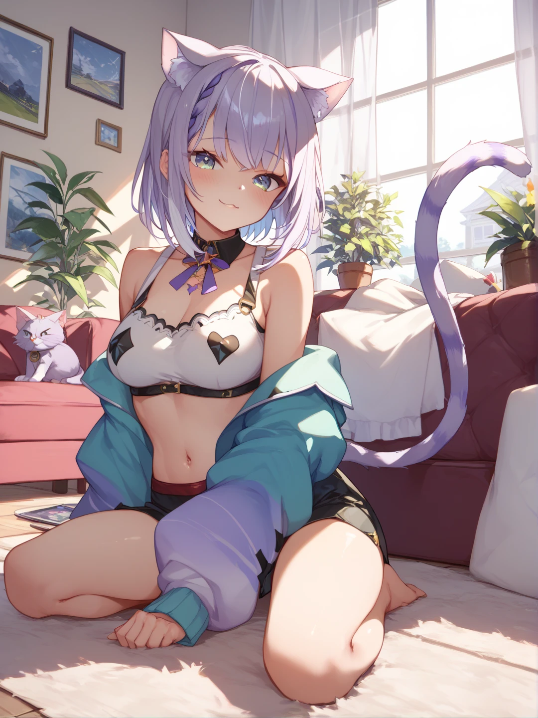 (4K、Raw photography、top-quality、masterpiece:1.2), 2D anime, wide-angle, Overlooking the ground with a tower higher than the sky、Cute beautiful girl with lilac fluffy medium bob and black cat ears、small tits、Wearing only a small purple bikini、Fantasia