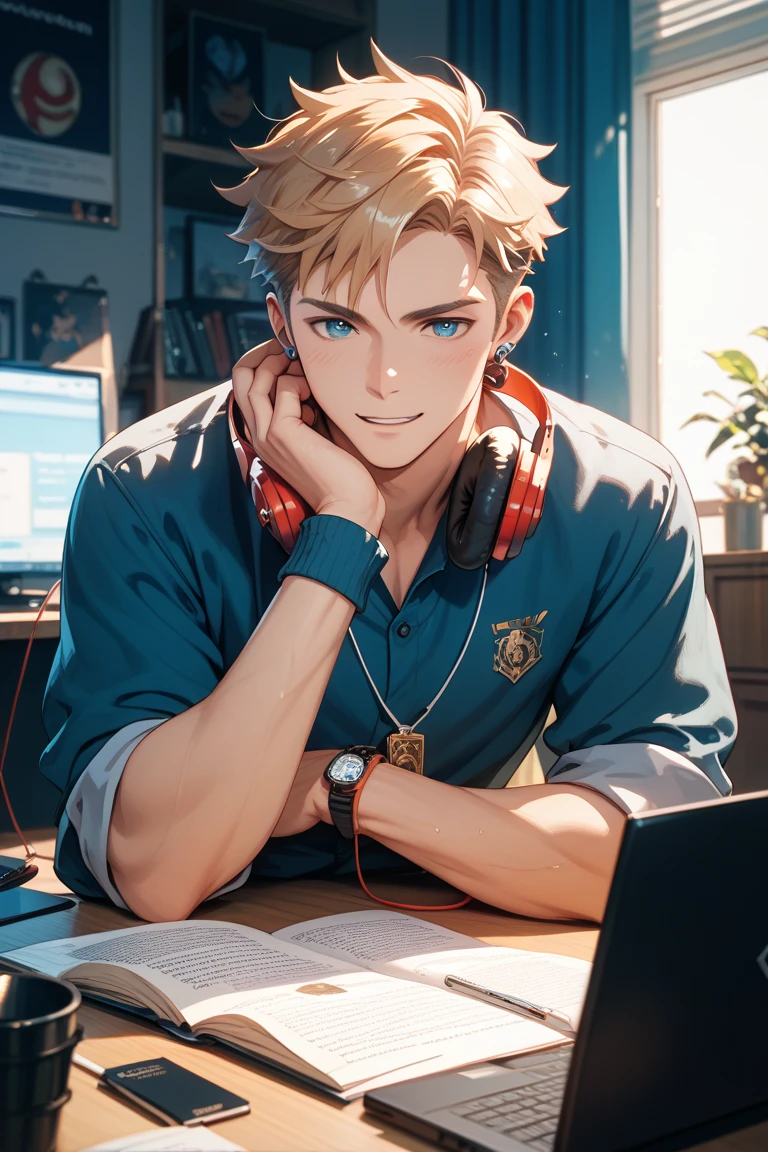 Male college student studying in a stylish space with headphones on to ...