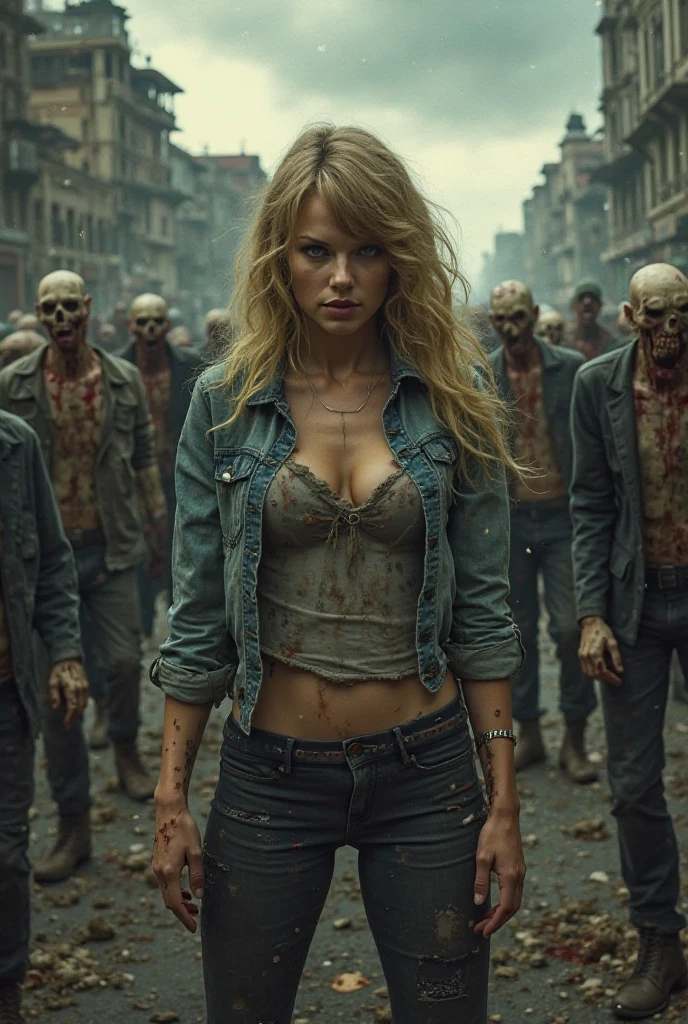 Zombies apocalypse, undead girls, (best quality:1.4), apocalyptic zone, gorgeous body, best quality, chopped clothes, (ultra detail), blonde hair, full body, stand up like a Zombies