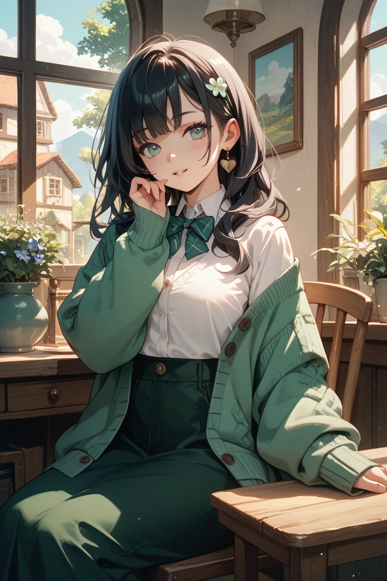 Obra de arte, melhor qualidade, 1 female elf,1 garota, long black hair in braids,olhos azuis,bustoto pequeno,olhando para o espectador, one piece,, namiOP, , escola, escola desk,, Sozinho,  