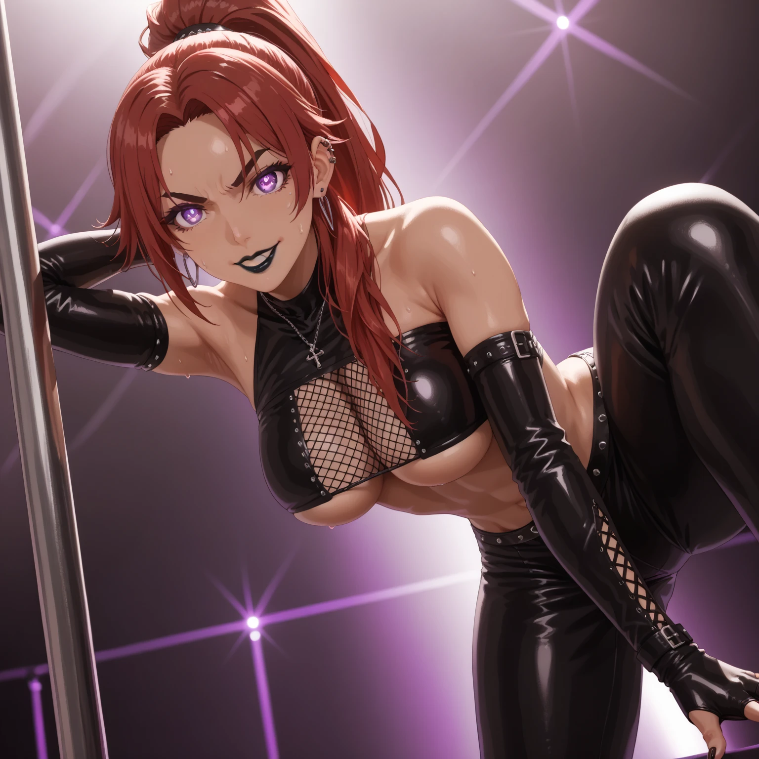 Cyberpunk Edgerunners, 1girl, Lucy \(cyberpunk\), bare shoulders, blue eyes, breasts, black lingerie, black corset, looking at viewer, medium breasts, red eyeliner, solo with short hair, white hair, sexy pose ((masterpiece )), bare arms