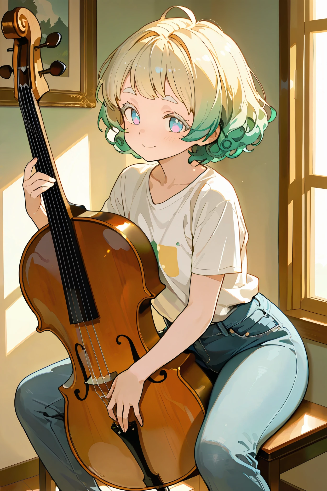 score_9, score_8_up, score_7_up, UHD, Masterpiece, Accurate, Anatomically Correct, High Quality, yubu, Perfect hands, Detailed hands, anime style woman, Very Pretty Lady, Cool girl, A girl who looks like boy, White eyelashes, White eyebrows, Blue gradient eyes, Distinctive hairstyle, Curly hair, White and green gradient hair, Bright Pupils, Assymmetrical short cut with one long hair, Almond Eyes, Naughty, Flexible movement, "Girl dressed in jeans and shirt", "Woman sitting and playing the cello", "Long shadows on the wall", Sunlit Room