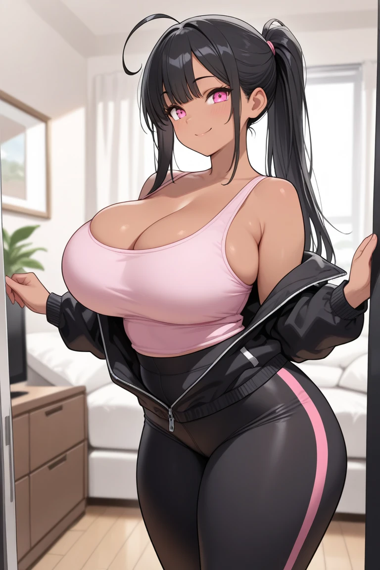 Beautiful MILF woman with dark skin, huge breasts, narrow waist with a protruding belly, massive derriere, and large thighs, wearing a tight monochrome black outfit, capturing a selfie at the gym in an anime style.