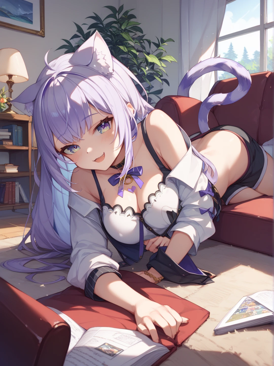 detailed portrait of a girl wearing a demonic outfit, blue anime style, demonic anime girl, dynamic action anime girl, Azur Lane character, Onmyoji, detailed Onmyoji art, from Arknights, from Azur Lane video game, Kushaltepec Klenz key art female, alluring matoi ryuko, crouching anime girl1girl, solo, long hair, breasts, looking at viewer, blush, smile, bangs, large breasts, shirt, long sleeves, holding, cleavage, sitting, closed mouth, purple eyes, jacket, full body, white shirt, purple hair, thighs, necktie, shorts, barefoot, collared shirt, indoors, feet, legs, book, bare legs, window, thigh strap, toes, soles, sunglasses, plant, couch, eyewear on head, holding book