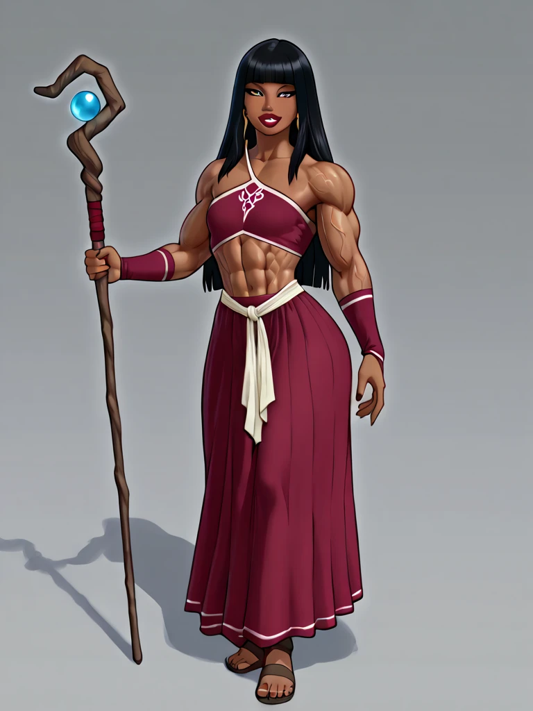 Appearance
Gender: Female
Age: Mature
Race: Drow (elf with dark skin and white hair)
Height: Full-body
Skin: Gray
Skin: Gray
Background: Plain Gray
Eyes: Purple
Attire: Bikini, revealing abdominal muscles
Accessories: Large earrings, ragged rags, chain necklace