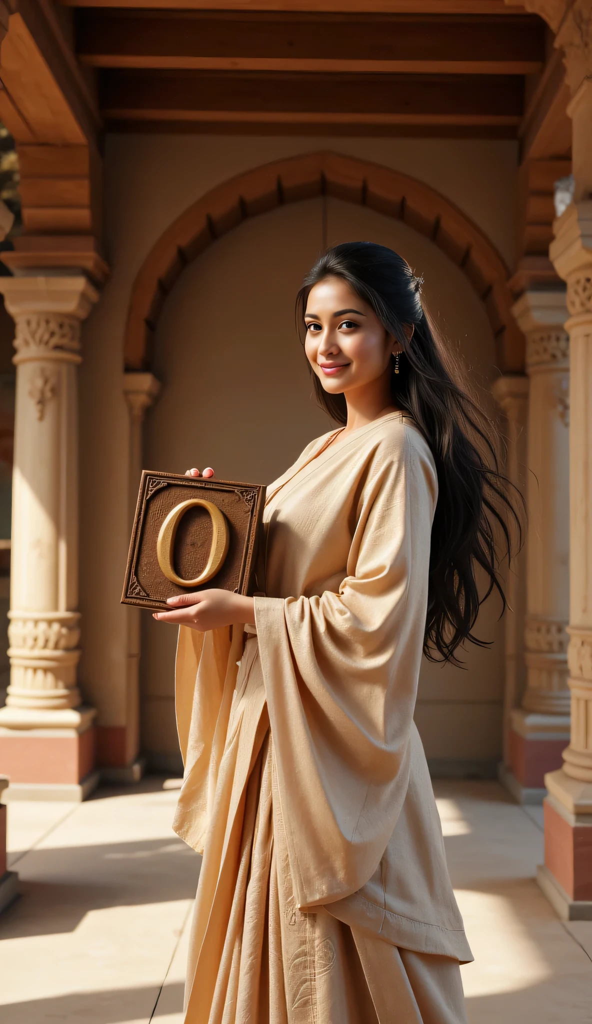 **Prompt:** Step back into the enchanting world of the Mahabharata, and discover an ancient Indian female model who embodies the essence of a bygone era. Set the scene in an elaborate, age-old numerical number zero temple, where the soft whispers of history echo off the walls. She stands poised, elegantly lifting held grip a large size intricately big size carved written on wooden square printed a realistic intricately of number zero depicted, embellished with a realistic ((a zero number)) carved written on the plain wooden board. Adorned in a lavish, multi-layered traditional Indian robe that cascades gracefully over her form, her radiant smile and subtle blush create a captivating aura of timeless charm. The composition is a masterpiece of balance, with leading lines directing the viewer's attention to her, highlighting the rich textures of her flowing hair and the exquisite details of her garment. Behind her, the architecture glimmers with a wooden beams and intricately depicted "number of zero", each detail adding depth to the historical narrative. Illuminated by hard ambient lighting, every aspect—from the delicate realistic of the number zero to the nuanced expressions that dance across her face—springs to life with hyper-realistic clarity. This artwork melds traditional portraiture with a contemporary artistic style, reminiscent of stunning 3D creations found on platforms like ArtStation and DeviantArt. Captured in remarkable 8K ultra high-definition, this visual piece invites viewers to lose themselves in the seamless blend of beauty, culture, and history, showcasing an enchanting moment that transcends time. Focus on keywords like hyper-realistic, ancient Indian woman, traditional India, a wooden printed carved (a number zero depicts), hard ambient lighting, and lifelike detail to enrich this scene.