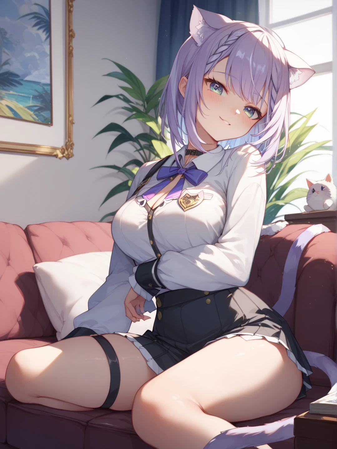 masterpiece, highest quality, Very detailed, Detailed Background, girl, Pale skin, 長いEyelashes, Purple Eyes, Eyelashes、Clear Eyeshadow, Green Short Hair, light makeup, , A shy smile, An empty office、Suit skirt、Large Breasts、valley、Open shirt、slouch、Looking up、Tempting、The action of tucking hair behind the ears、front、Upper Body、The gaze of the viewer、slouch、Invite a man、Bundle、Big Ass、Sit at a desk、Spread your legs、Sheep horns、Hole in the crotch、masturbation, dildo、orgasm face、some perfect pussy