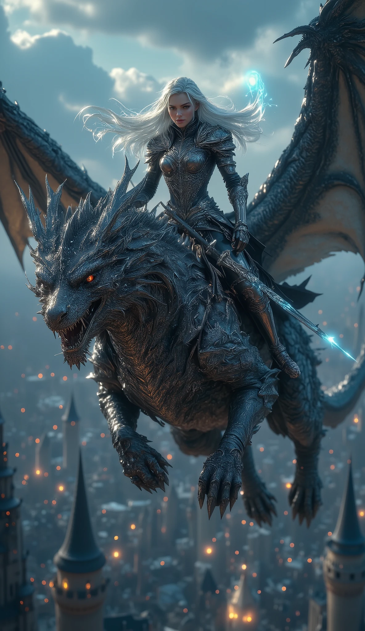 ((Masterpiece, top quality, high resolution, highly detailed CG unified 8K wallpaper)), a striking female knight, clad in gleaming silver-and-black armor adorned with intricate engravings, riding atop a massive dragon with scales shimmering like polished obsidian, her long, platinum-blonde hair flowing wildly in the wind as she soars through the twilight sky, one hand gripping the dragon’s spiked saddle while the other wields a glowing lance, crackling with blue energy, beneath them, a vast medieval kingdom stretches to the horizon—towering castles, winding rivers, and glowing lanterns flickering like fireflies in the approaching night, the dragon’s mighty wings carve through the sky, embers trailing from its nostrils as it lets out a deafening roar, signaling its dominance over the skies, the bond between rider and beast evident in their synchronized movement, a legendary warrior and her ancient guardian soaring into destiny.