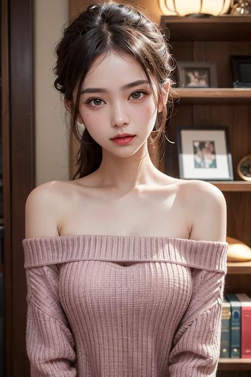 masterpiece, best quality, A young woman with dark hair tied up in a bun, secured with a light purple hair clip, plumpy, natural big breast, is shown in a serene indoor setting. She is wearing an oversized blue and white striped sweater that falls off one shoulder, revealing a lilac top underneath. Her eyes are closed, and her expression is peaceful, gently shielding her eyes from the light. black background