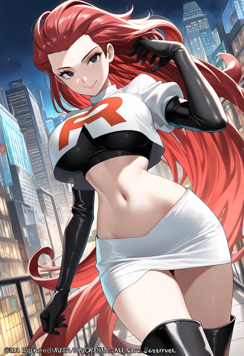 masterpiece, best quality, highres, 1girl, solo, superhero, leotard, bare legs, boots, matching boots, aura, blue aura, sleeveless, gloves, bracelets, matching gloves, looking at viewer, light particles, city backdrop, perfect hands, perfect eyes, powering up, perfect leotard, perfect legs, perfect arms, perfect fingers, white and red leotard, red hair, green eyes,