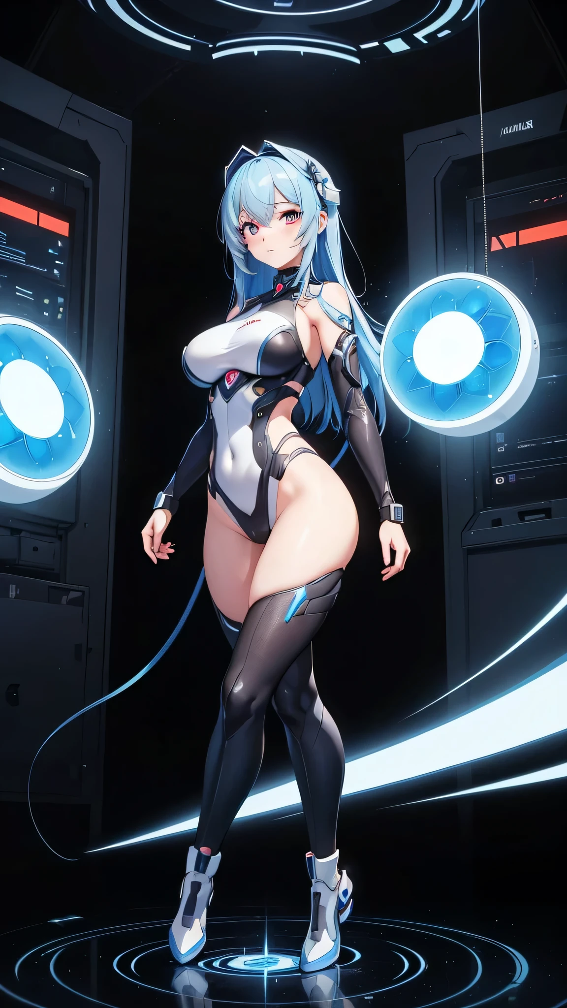 1girl, blue hair, large breasts, bunny ears, rabbit ears, wide hips, bodysuit, black bodysuit, long hair, science-fiction, tech, futuristic, machinery, full body, ((full body)), neon trim, purple eyes