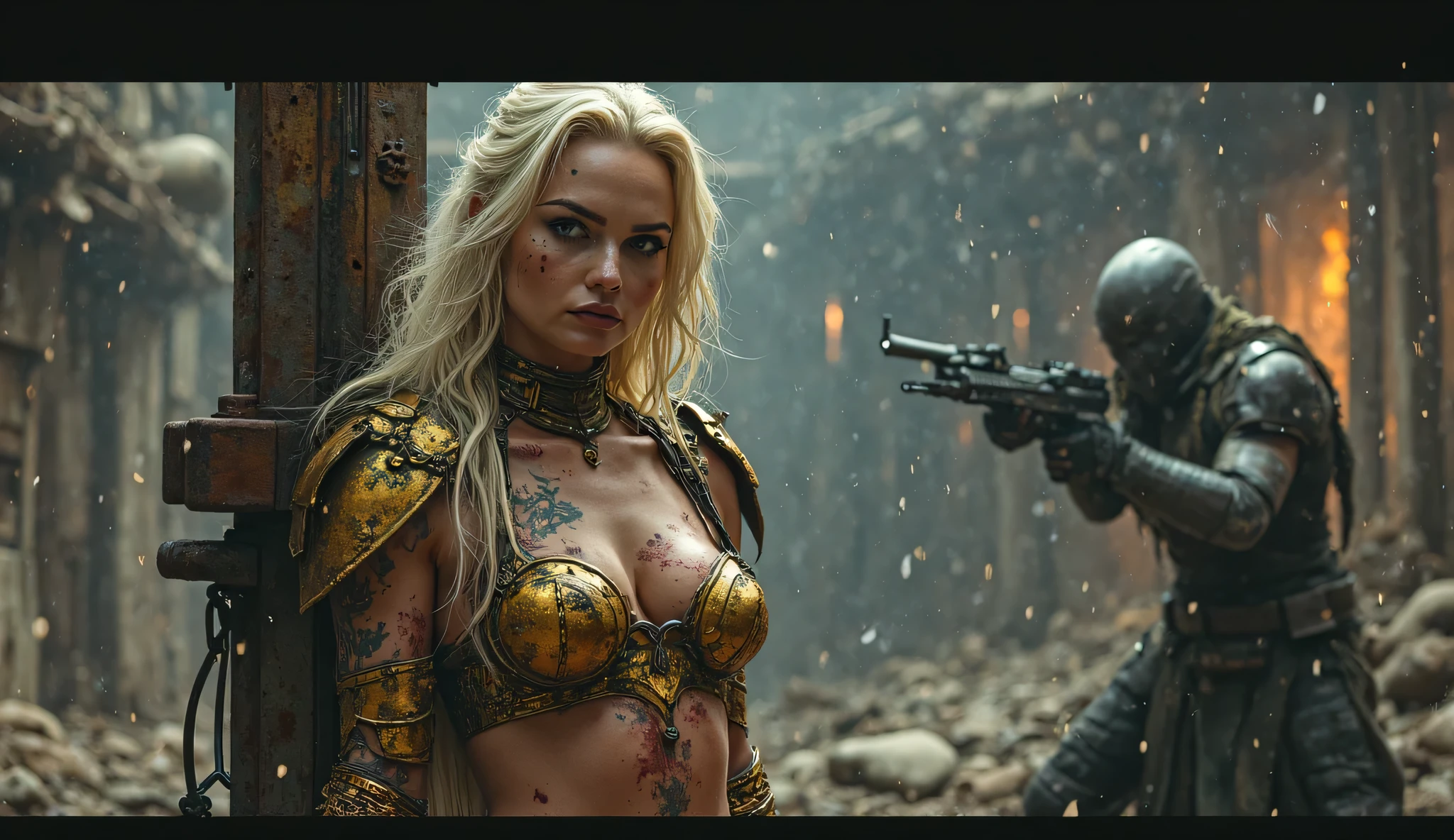 (((American photo))), ((one)) young woman in a chain mail bikini, (skin texture:1.1), (high detail face), small tattoo on her thigh, blonde, beautiful, in a castle, holding the severed head of a demon by its hair, realistic, hero, high details, degree cinematic color, fighting, sweaty, blood spattered, topless
