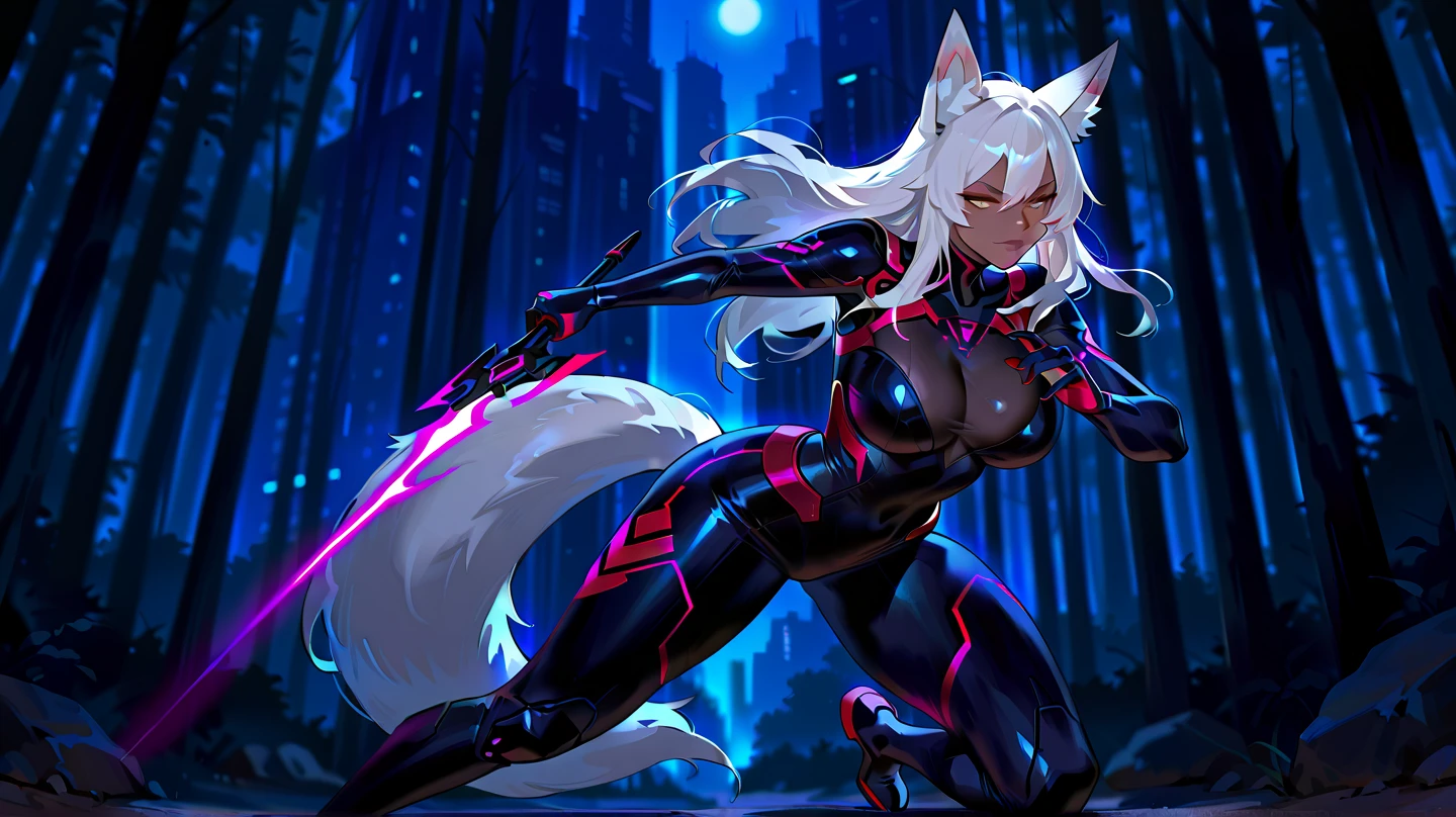 Anime woman white hair purple eyes big ass big tits in leggings and black top with focus on the back and showing the navel