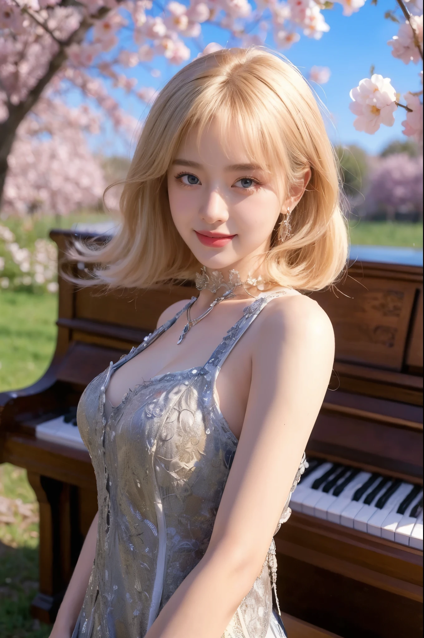 masterpiece, best quality:1.1), (8k, raw photo, photo realistic:1.2, f22), (shiny skin), detailed skin,Medium Bob,pink hair,detailed face, detailed eyes,smile,BREAK, real world, intricate details, smil, BREAK, 1girl, full body,(black,dress),BREAK, (piano:1.4),
