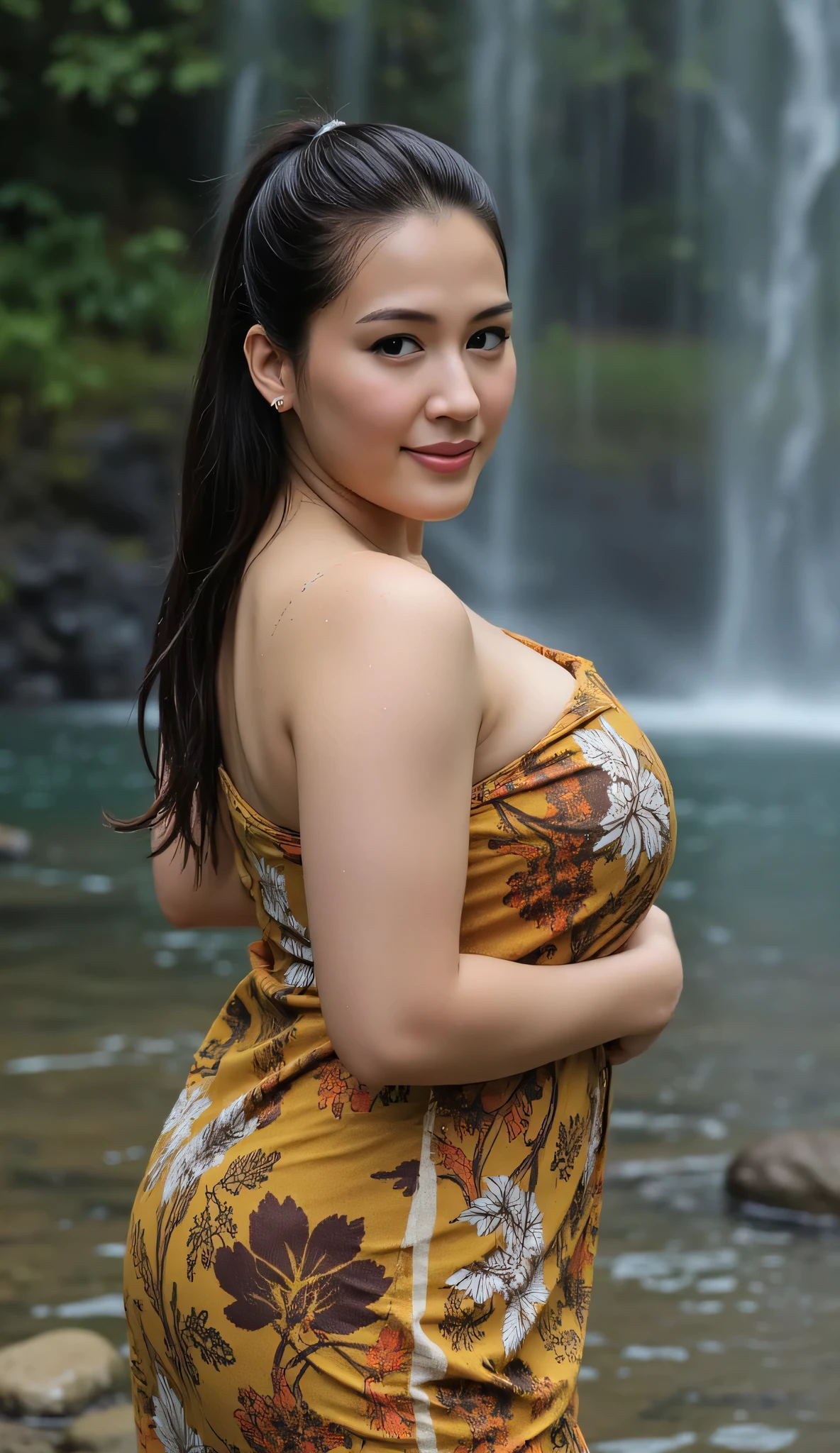 Realistic photo Of A chubby and fat indonesian woman, visible to the feet , curvaceous body, using a wet batik sarong brown yellow white orange, face facing the camera. Elegant elegant style elegant aesthetic . sexy butt, big ass and hips, Good Detail . stand sideways with pleasure and smile . Taking a wet shower- wet brushed, body and wetsuit are all waterlogged, against the background of the village waterfall, heavy rain , in a realistic and seductive style. HD 8K cinematic .